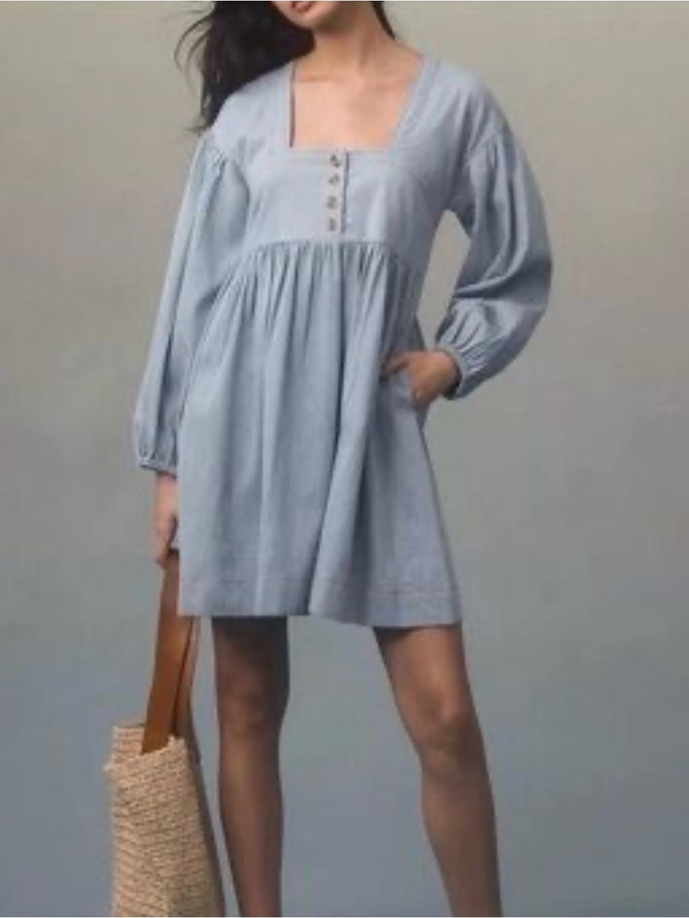 Anthropologie Pale Blue Square-Neck Babydoll Mini Dress